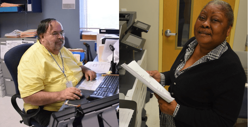 On the left, a man in a yellow shirt with glasses sitting at a desk in front of a computer. On the right, a woman smiling at the camera while holding a piece of paper.