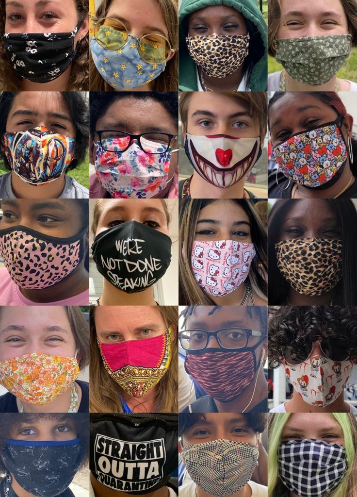 A grid collage of various FLHS students wearing unique patterned masks.